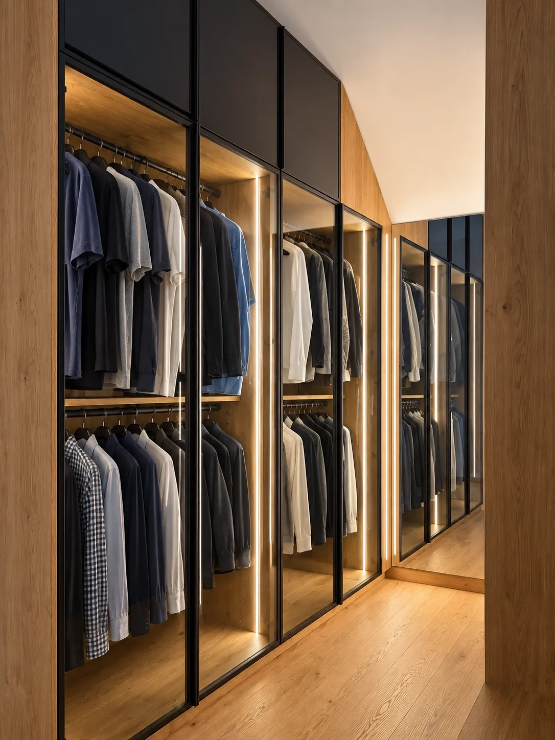 Begehbarer Kleiderschrank mit hängender Kleidung und LED-Beleuchtung