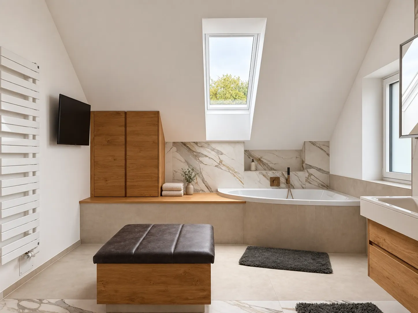 Badezimmer mit freistehender Badewanne und Eichenmöbeln