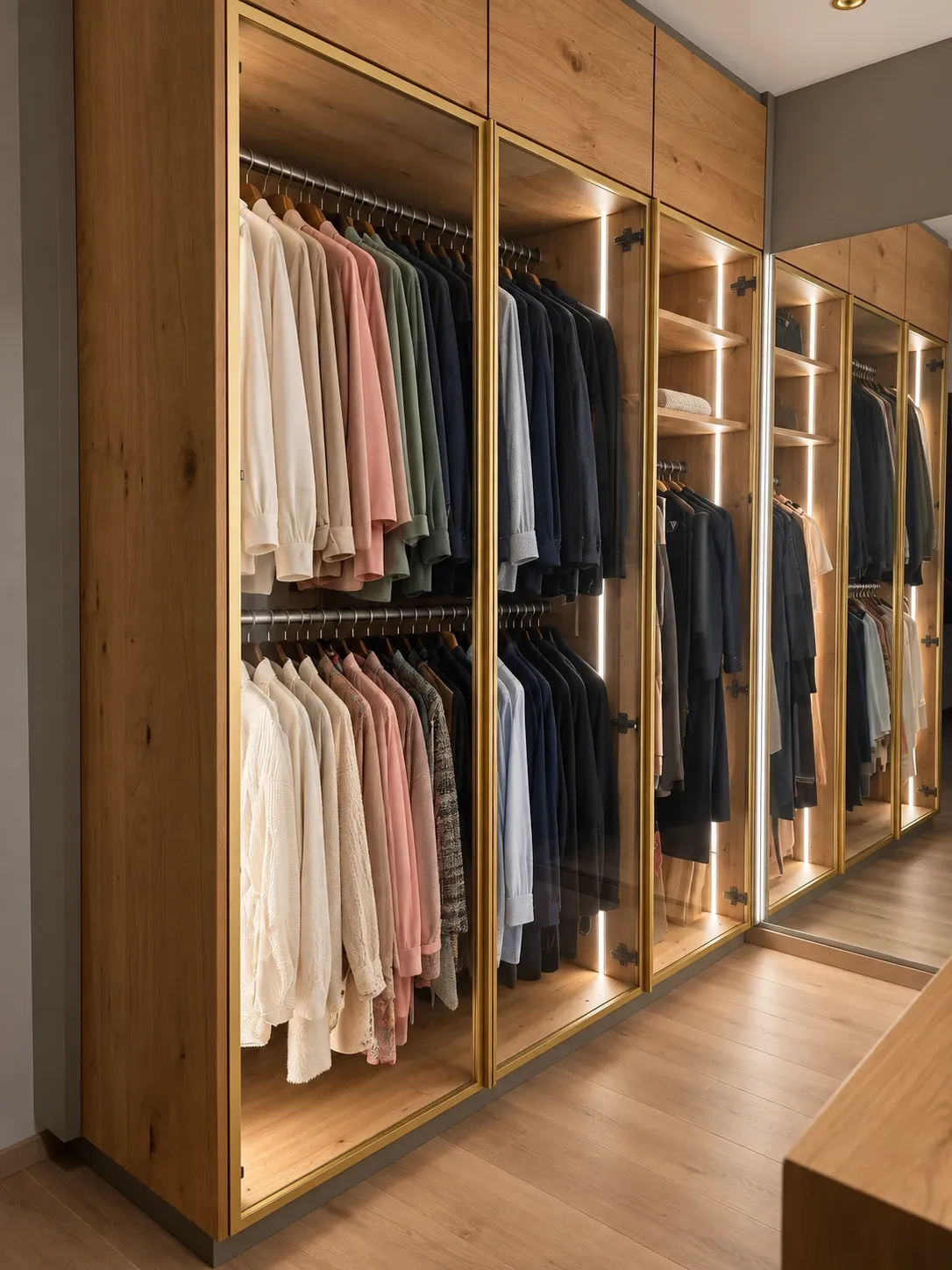 Begehbarer Kleiderschrank mit Glasstüren und hängender Kleidung