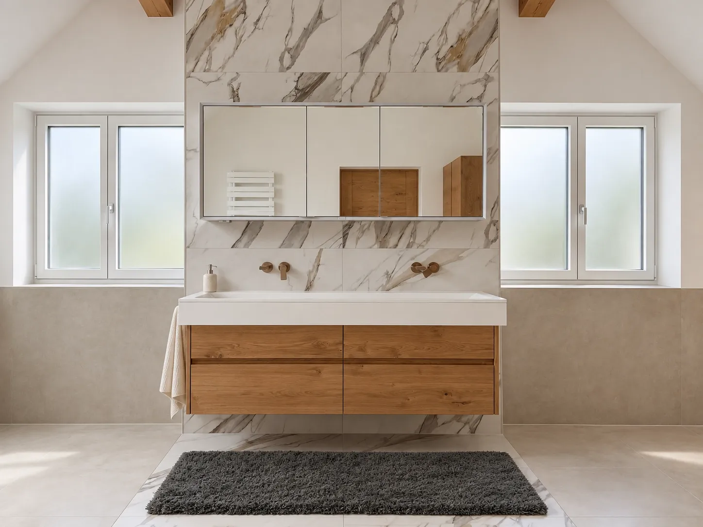 Badezimmer-Waschtisch frontal mit Eichenfronten