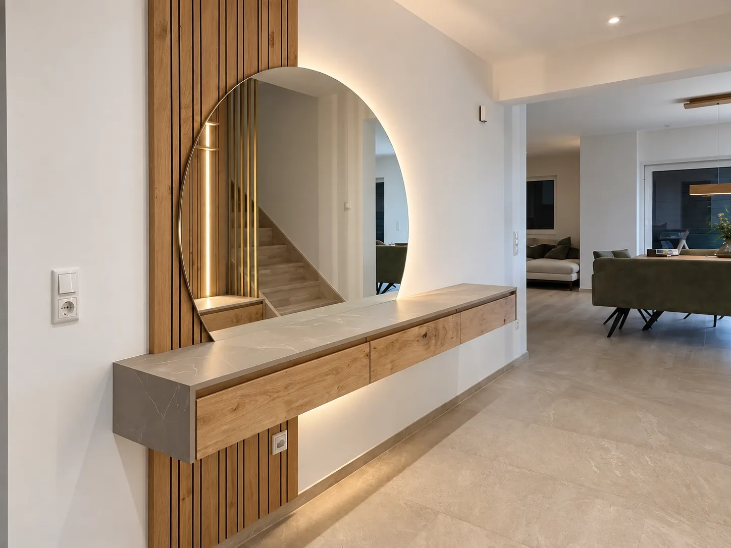 Garderobe mit Rundspiegel und Konsole — Ansicht von links zum Wohnbereich