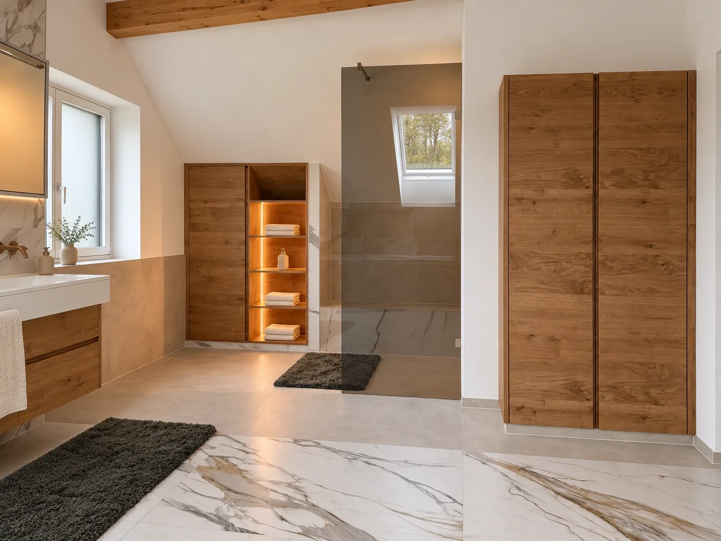 Badezimmer mit Dusche und hohen Eichenschränken